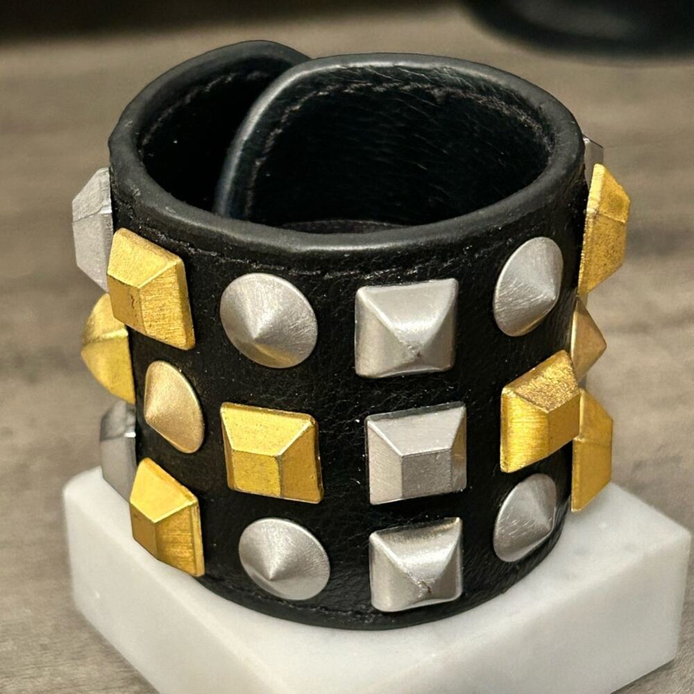 BCBG Max Adria Black Wrap Cuff Bracelet #953 faux leather studs